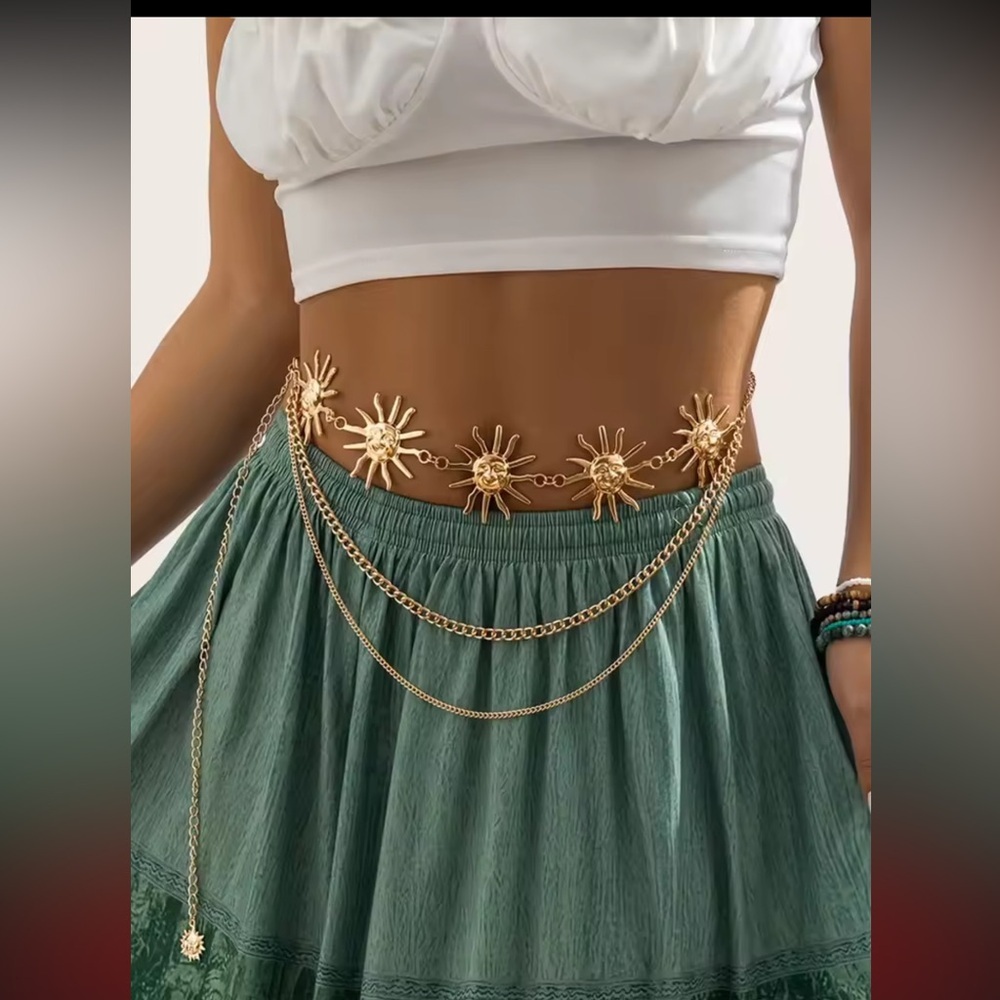 Gold Sun Face Waist Chain Belt – Adjustable Statement Chain Jewelry - Picture 1 of 8